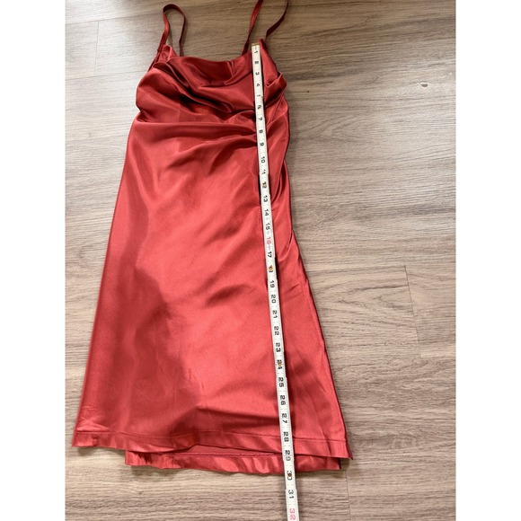 Rust Copper Satin Slip Mini Dress Built-in Bodysuit Side Slit Womens XS Y2K 90's - Picture 9 of 12